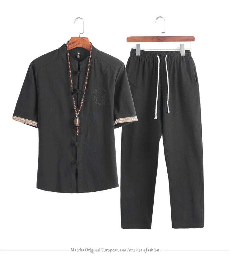 Mens Linen Sets 2023 Summer Men Streetwear Jogger Shirts+Long Pants Male Chinese Style 2 Pieces Hanfu Tracksuit Tang Suit 5Xl