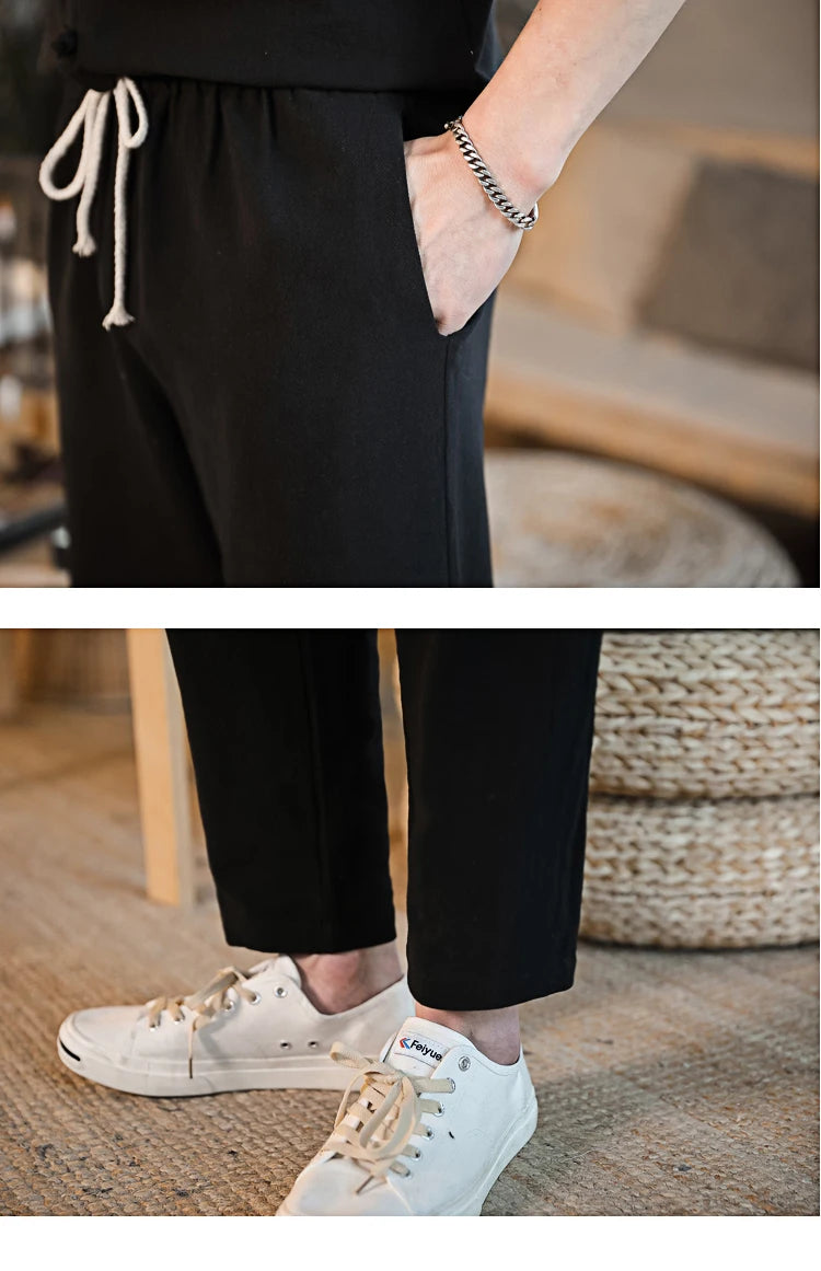 Mens Linen Sets 2023 Summer Men Streetwear Jogger Shirts+Long Pants Male Chinese Style 2 Pieces Hanfu Tracksuit Tang Suit 5Xl