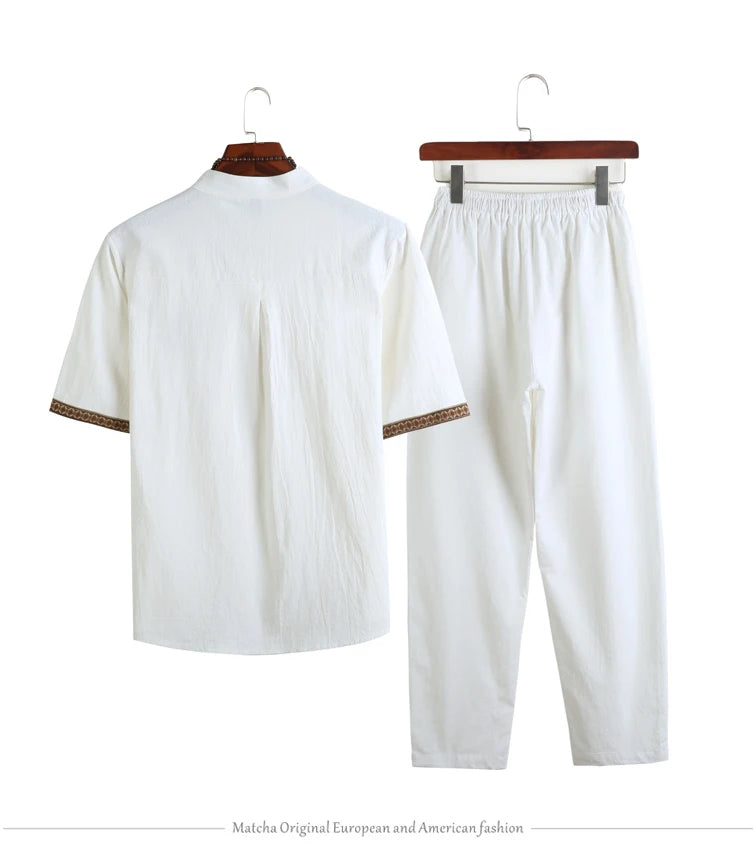 Mens Linen Sets 2023 Summer Men Streetwear Jogger Shirts+Long Pants Male Chinese Style 2 Pieces Hanfu Tracksuit Tang Suit 5Xl