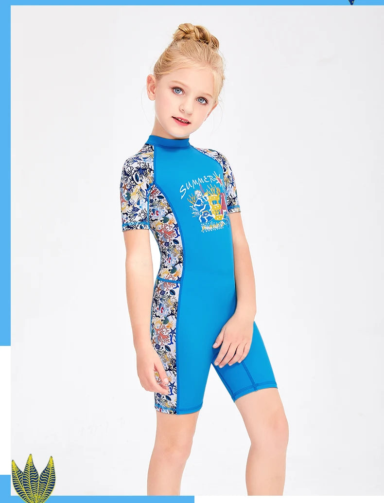 Girls and Boy One Piece Rash Guard Swimsuit Kid Water Sport Short Swimsuit UPF 50+ Sun Protection Bathing Suits