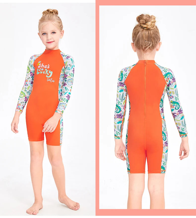 One Pieces Swimsuit Rash Guard Swimwear Long Sleeve Sunsuit for Kids 3-10Y Sun UV Protection