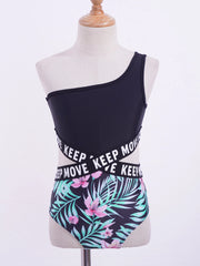 Kids Girls Hollow Out One-piece Swimwear Single Shoulder Letter Print Bodysuit Swimsuit Pool Bathing Suit Beachwear Sportswear