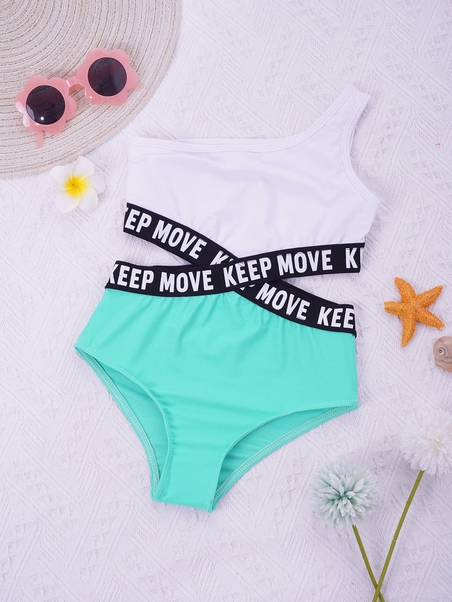 Kids Girls Hollow Out One-piece Swimwear Single Shoulder Letter Print Bodysuit Swimsuit Pool Bathing Suit Beachwear Sportswear