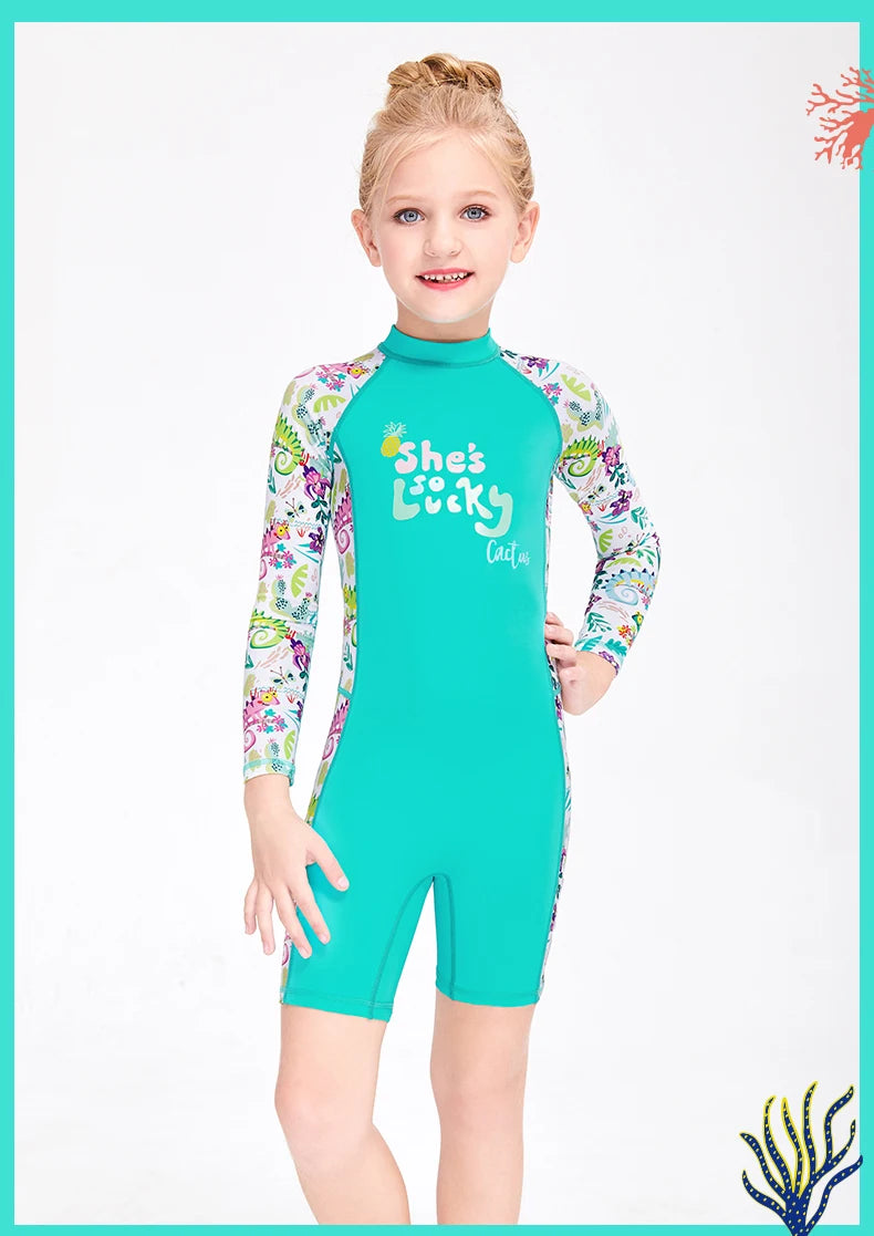 One Pieces Swimsuit Rash Guard Swimwear Long Sleeve Sunsuit for Kids 3-10Y Sun UV Protection