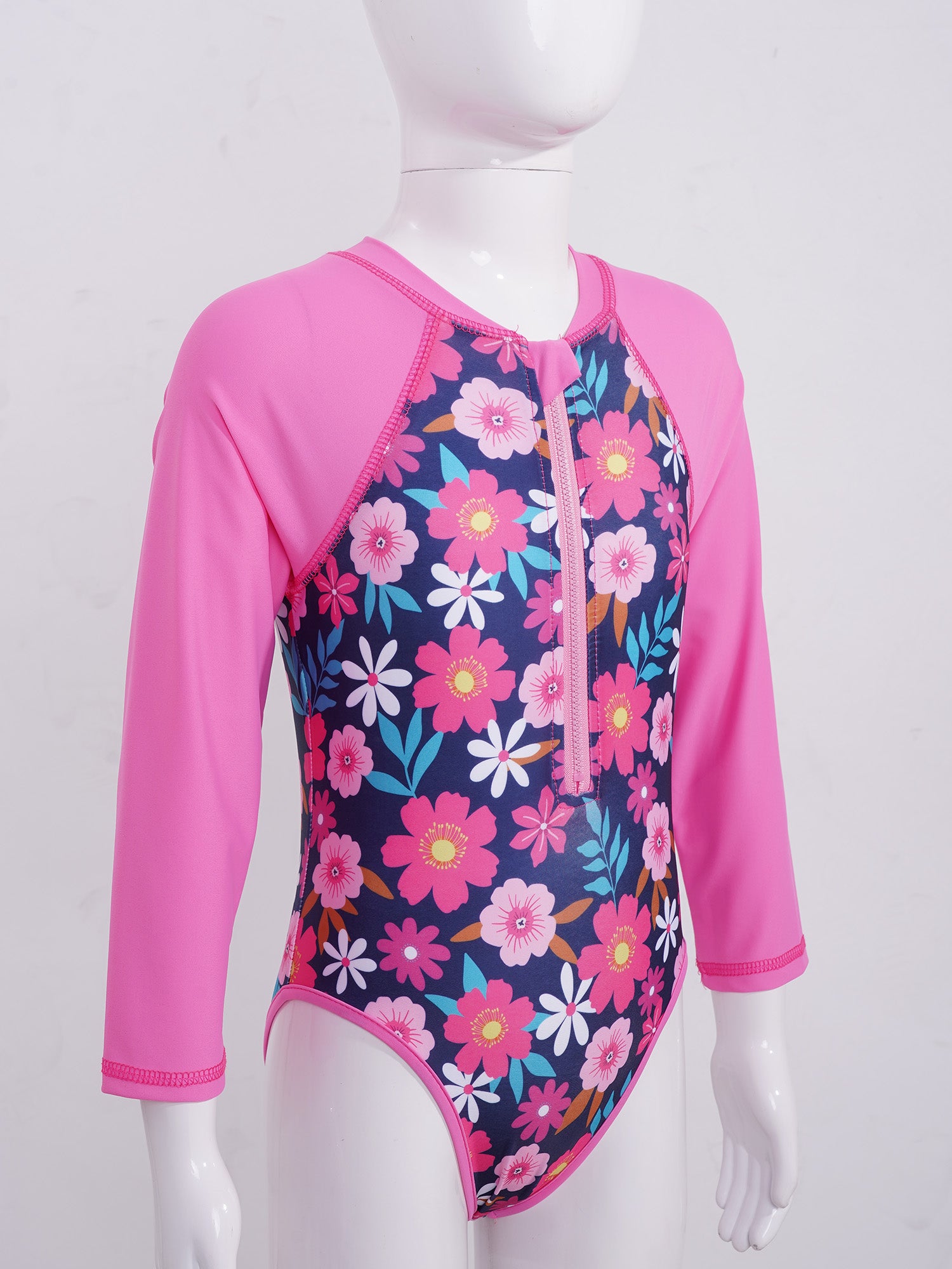 Summer Swimming One-piece Kids Girls Swimsuit Rash Guard Long Sleeves Palm Printed Zippered Bathing Suit Swimwear Beach Wear