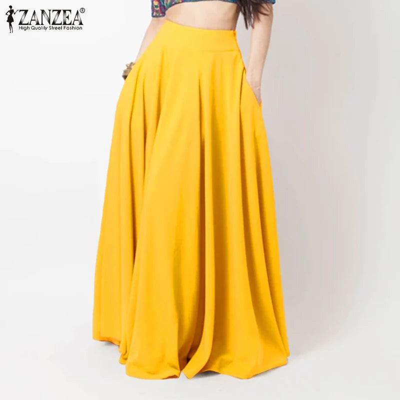 2024 ZANZEA Women Spring Sundress Fashion Maxi Skirts Elegant Long Party Vestidos Female High Waist Solid Robe Beach Faldas Saia