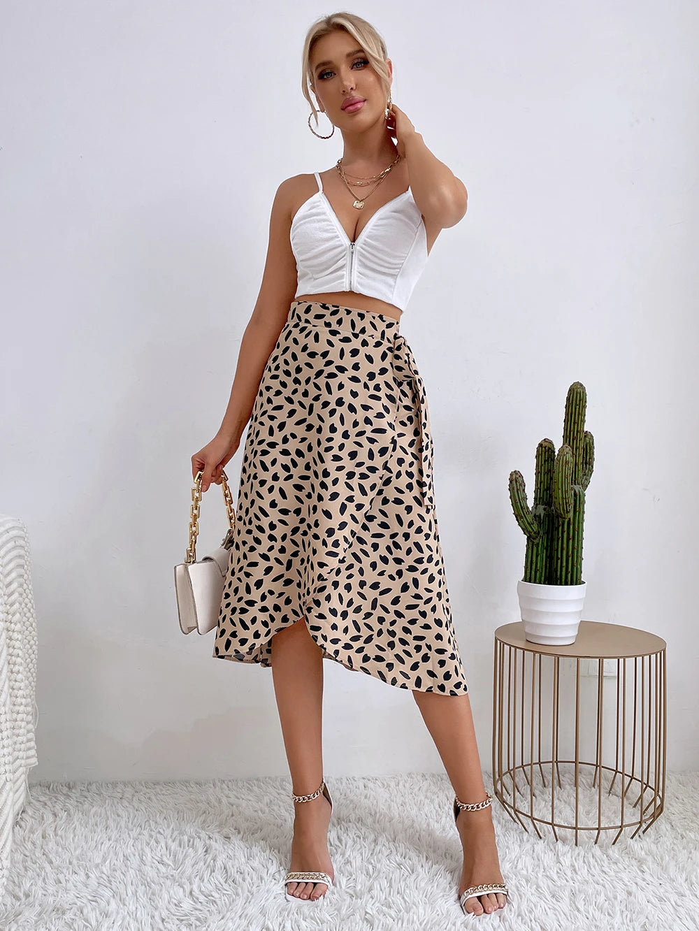 Benuynffy Boho Women Casual Print Tie Side Wrap Skirt Elegant High Waist Female Summer Asymmetrical Knee Length A-Line Skirts