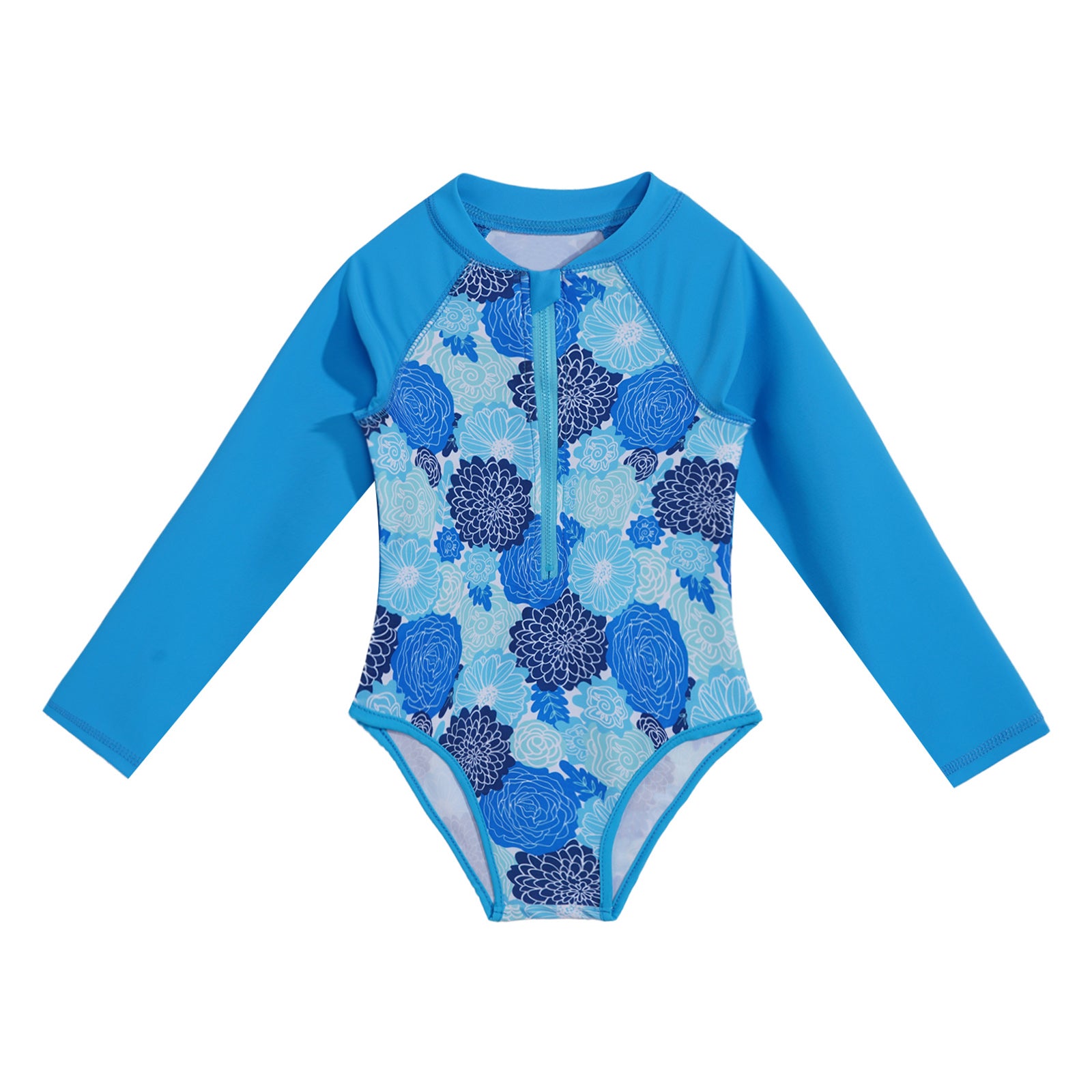 Summer Swimming One-piece Kids Girls Swimsuit Rash Guard Long Sleeves Palm Printed Zippered Bathing Suit Swimwear Beach Wear