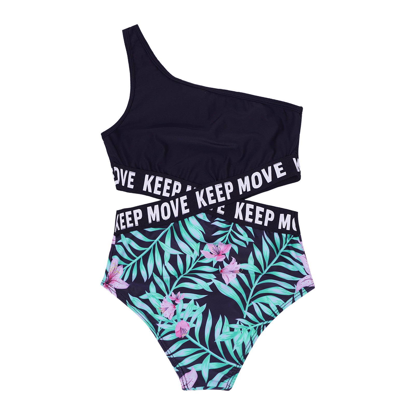 Kids Girls Hollow Out One-piece Swimwear Single Shoulder Letter Print Bodysuit Swimsuit Pool Bathing Suit Beachwear Sportswear