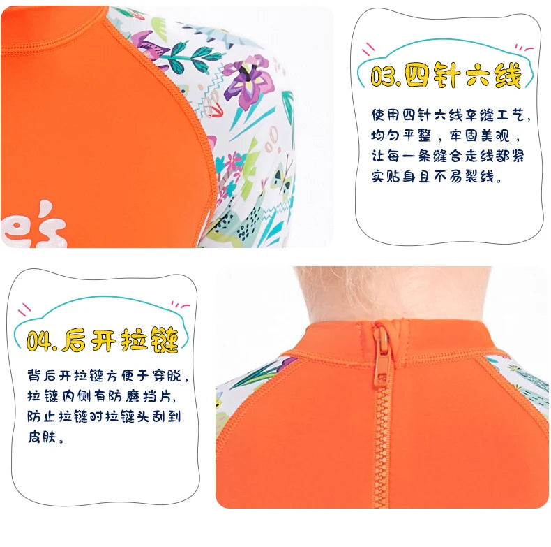 One Pieces Swimsuit Rash Guard Swimwear Long Sleeve Sunsuit for Kids 3-10Y Sun UV Protection