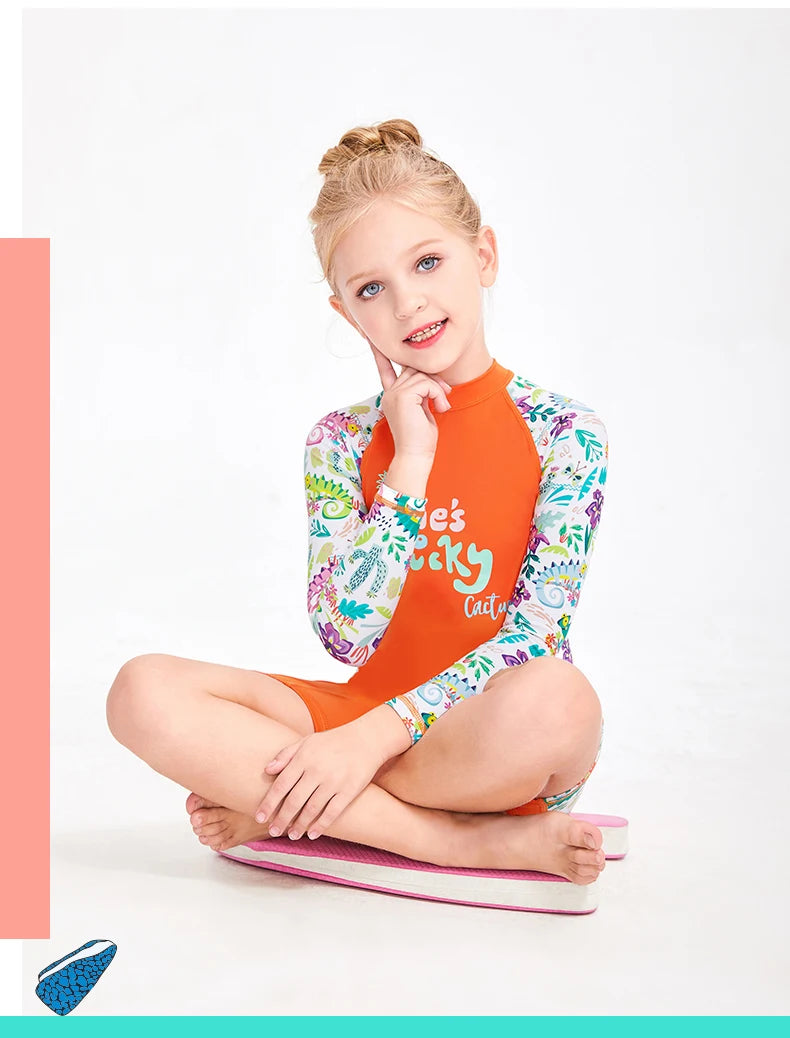 One Pieces Swimsuit Rash Guard Swimwear Long Sleeve Sunsuit for Kids 3-10Y Sun UV Protection