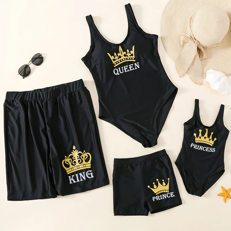 King Queen Swimsuit Family Matching Outfits One-Piece Mother Daughter Swimwear Beach Mommy and Me Clothes Father Son Swim Shorts
