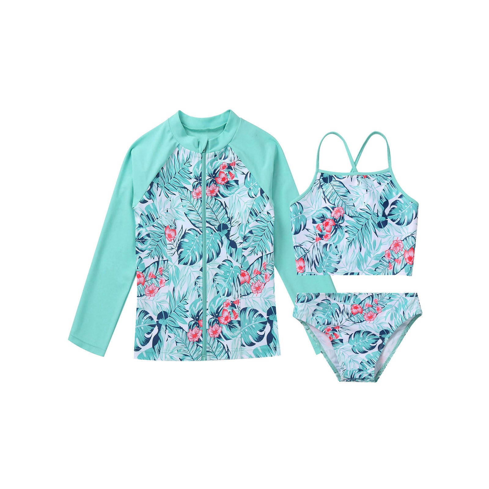 Kids Girls 4PCS Printed Swimsuit Long Sleeve Outerwear with Sleeveless Crop Top Briefs Shorts Bathing Suit Rash Guard Swimwear