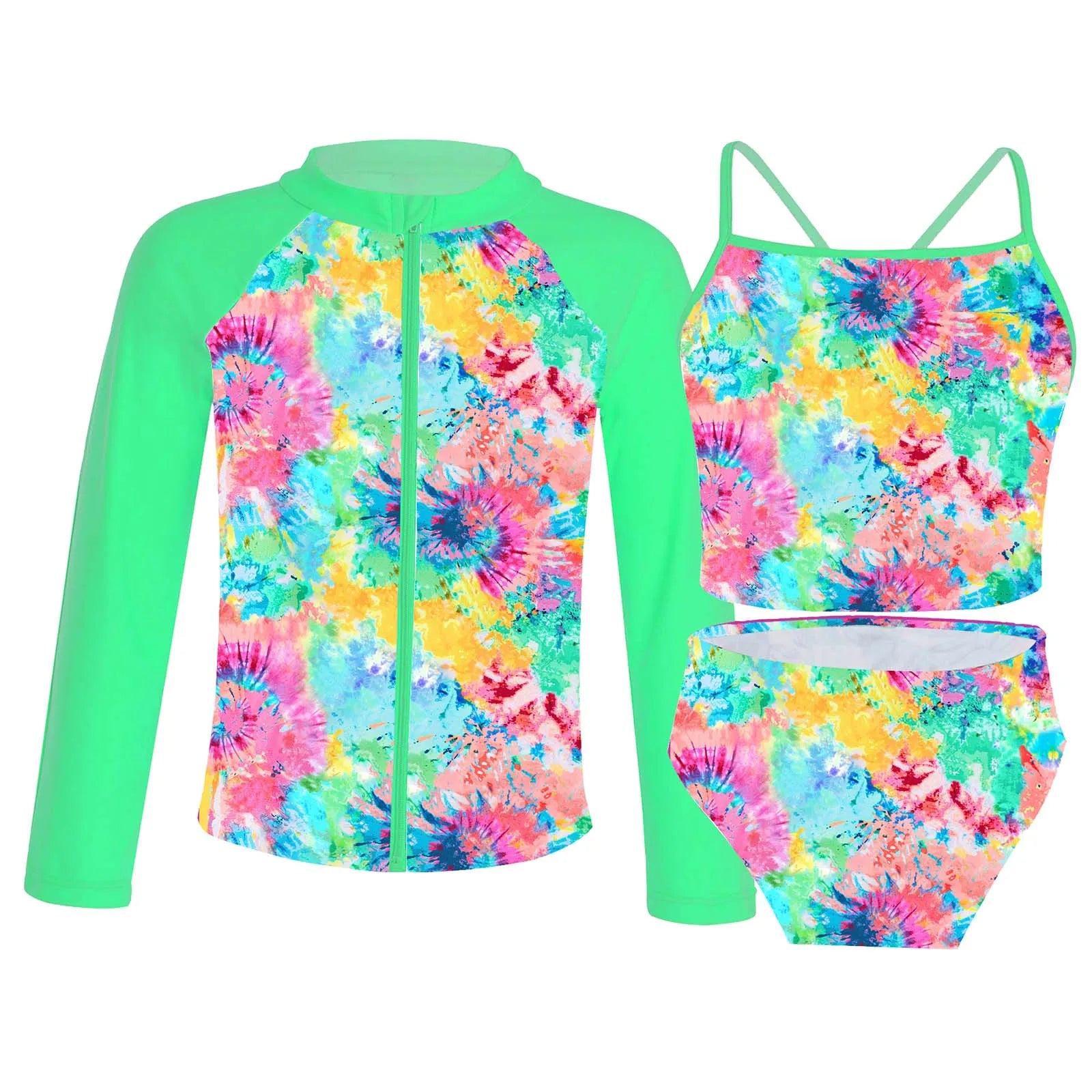 Kids Girls 4PCS Printed Swimsuit Long Sleeve Outerwear with Sleeveless Crop Top Briefs Shorts Bathing Suit Rash Guard Swimwear