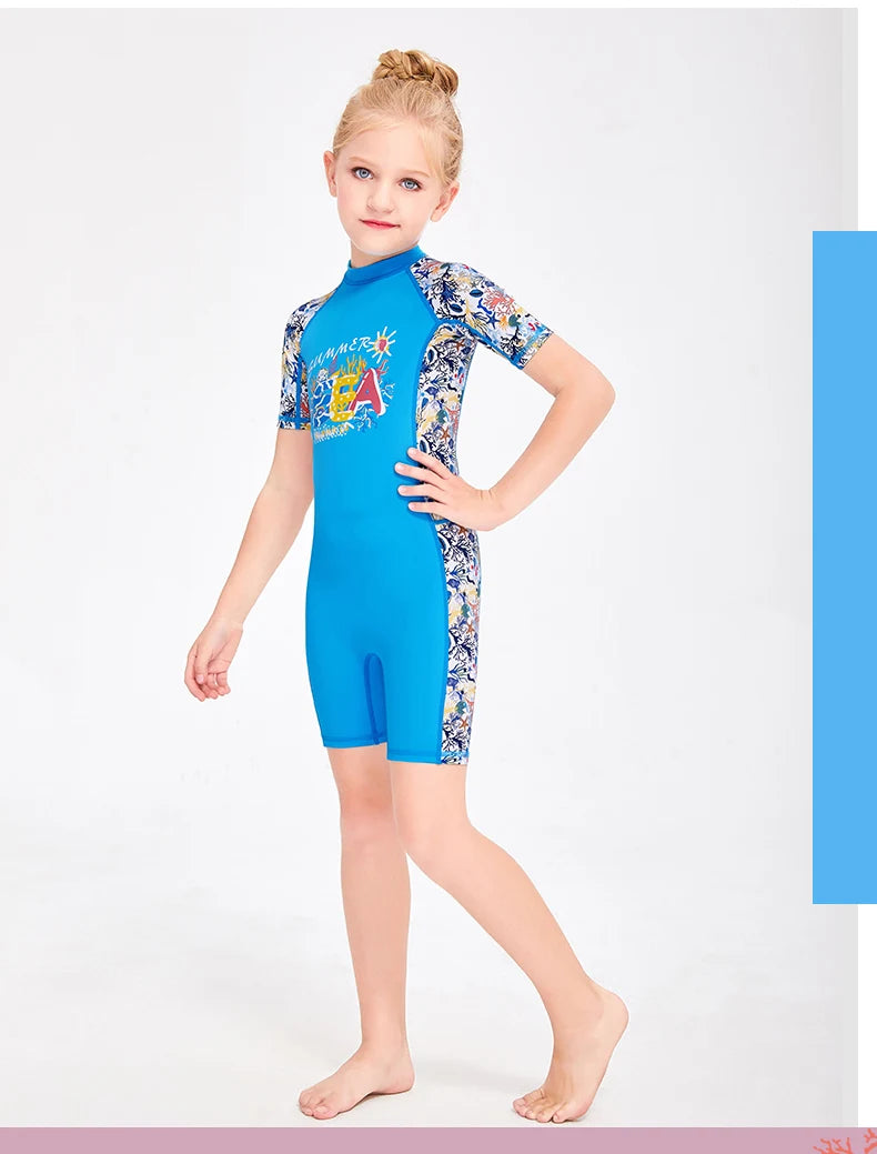 Girls and Boy One Piece Rash Guard Swimsuit Kid Water Sport Short Swimsuit UPF 50+ Sun Protection Bathing Suits