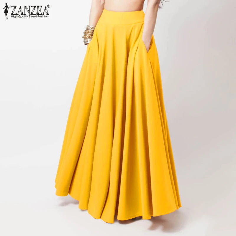 2024 ZANZEA Women Spring Sundress Fashion Maxi Skirts Elegant Long Party Vestidos Female High Waist Solid Robe Beach Faldas Saia