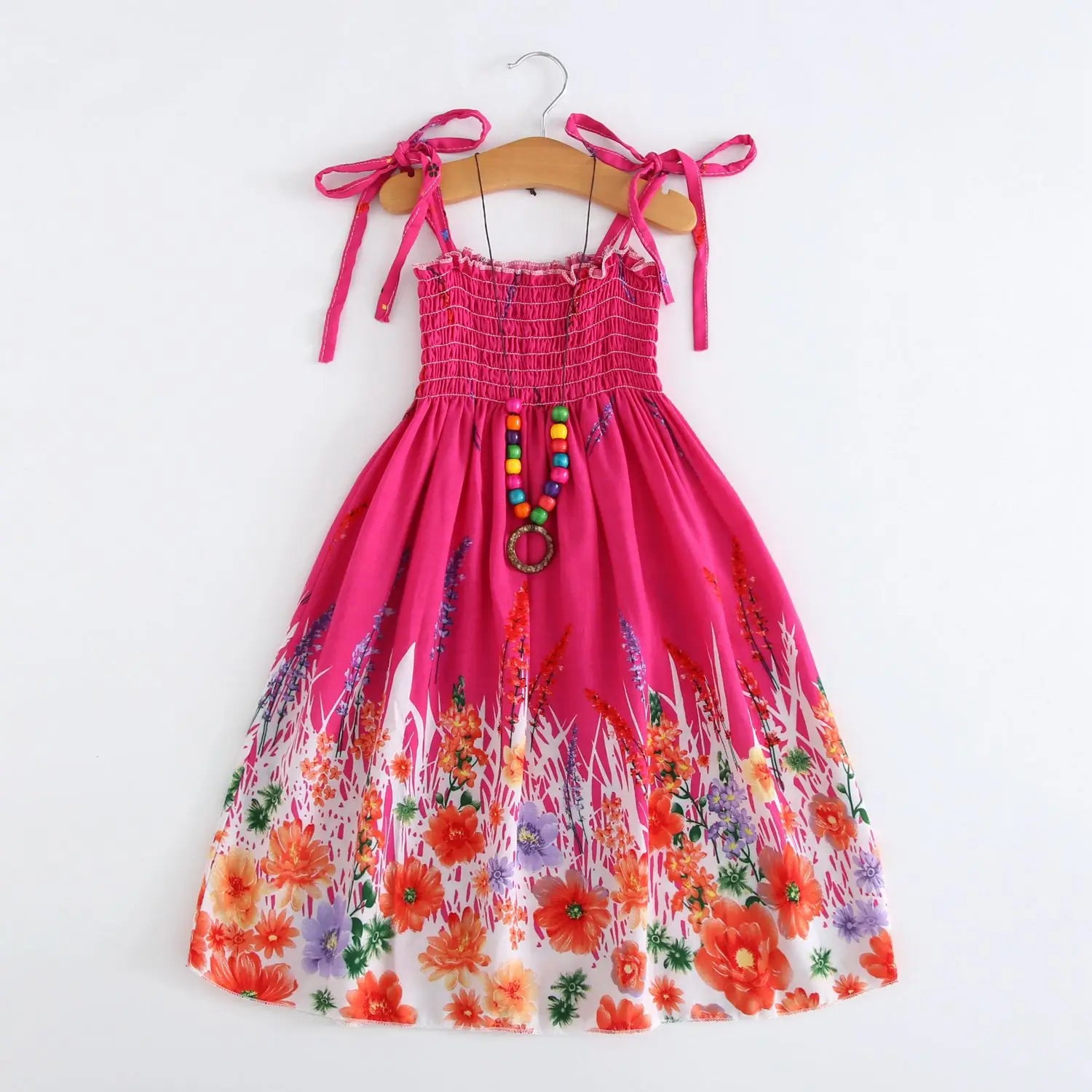 Summer Girls Floral Dress Sling Ruffles Bohemian Beach Princess Dresses for Girl Clothing  2 6 8 12 Years With Necklace Gift