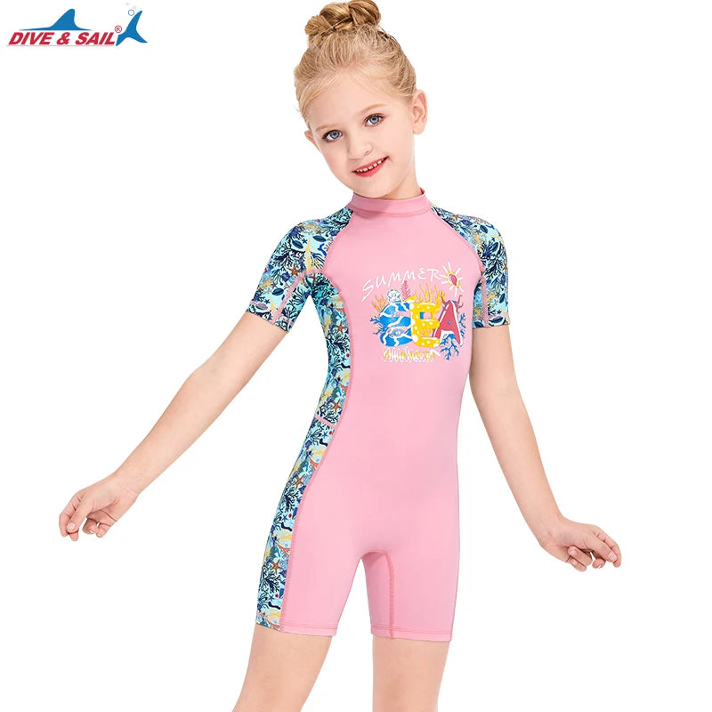 Girls and Boy One Piece Rash Guard Swimsuit Kid Water Sport Short Swimsuit UPF 50+ Sun Protection Bathing Suits