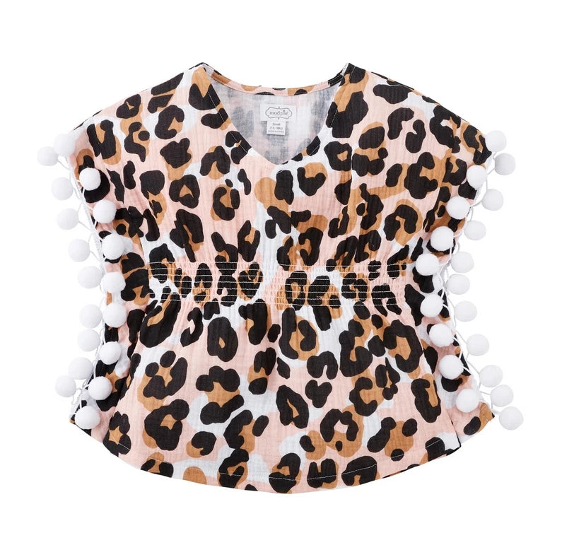 0-5Y Baby Girls Swimwear Cover-up 2026 Summer Leopard Tassel Kids Beach Dress Poncho Swimsuits Bikini Cover Ups Toddler Sundress