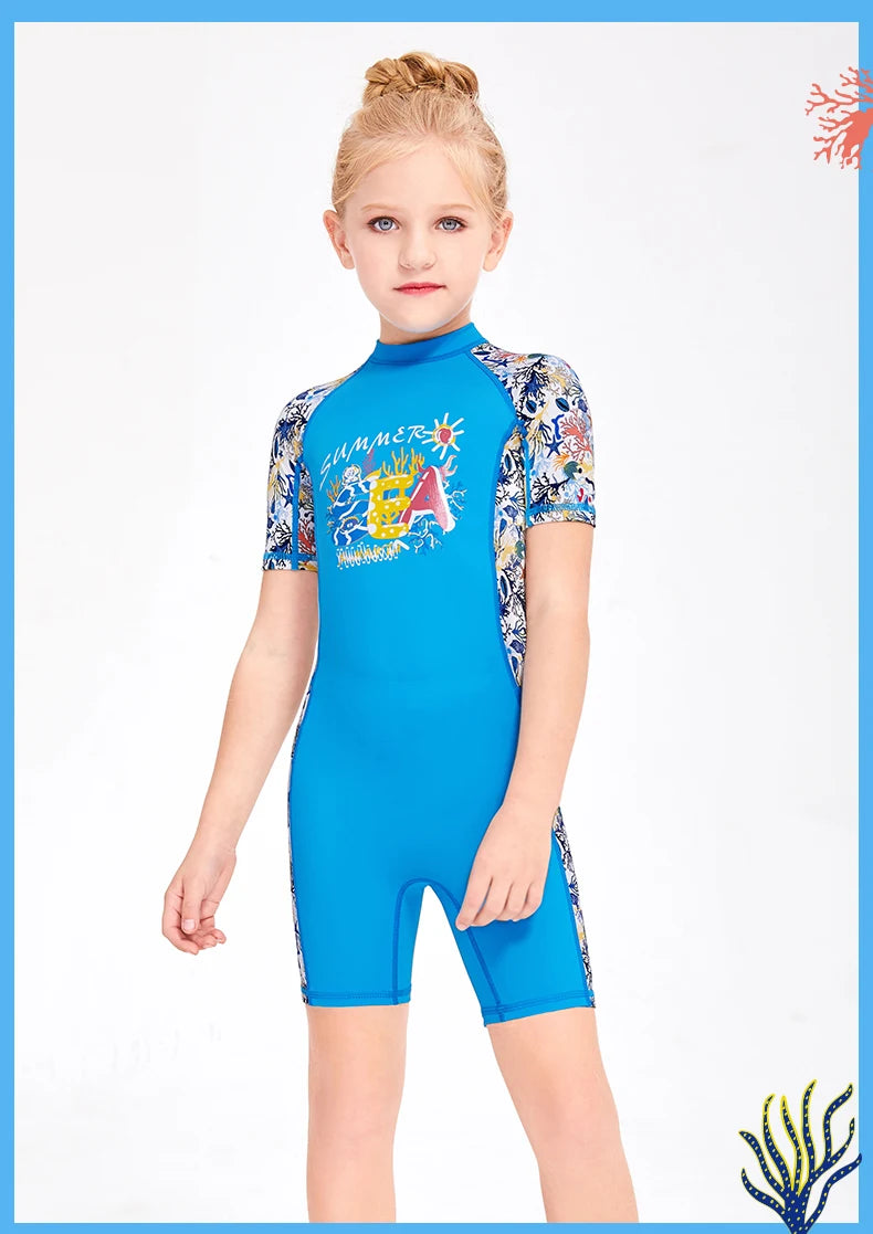 Girls and Boy One Piece Rash Guard Swimsuit Kid Water Sport Short Swimsuit UPF 50+ Sun Protection Bathing Suits