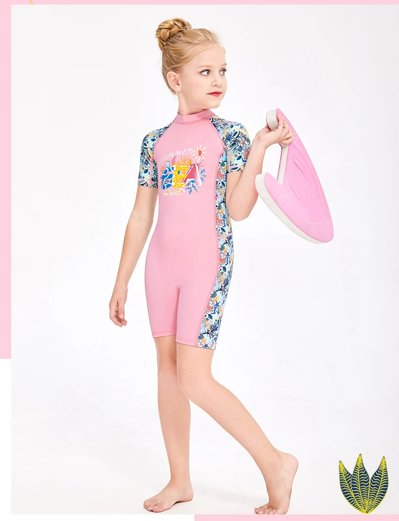 Girls and Boy One Piece Rash Guard Swimsuit Kid Water Sport Short Swimsuit UPF 50+ Sun Protection Bathing Suits