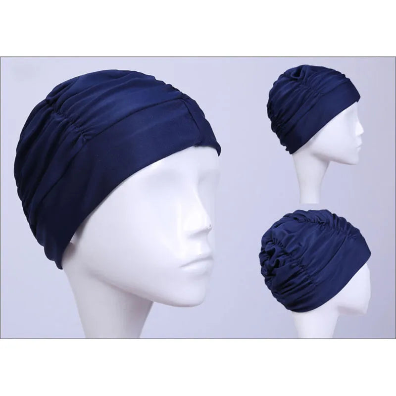New Solid Color Long Hair Women Men Swim Pool Seaside Water Sports Elastic Pleated Nylon Fabric Bathing Swimming Caps Hat Turban