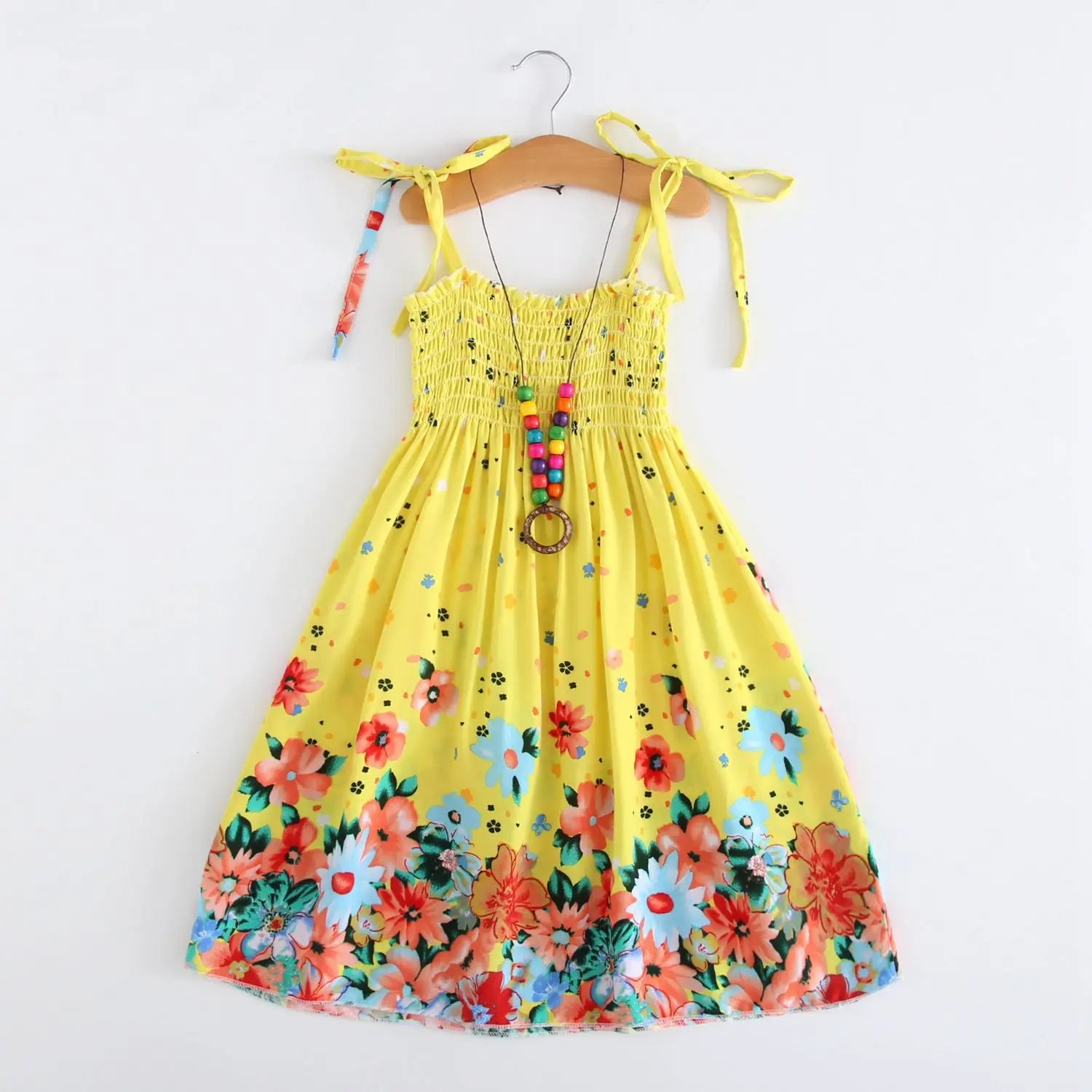 Summer Girls Floral Dress Sling Ruffles Bohemian Beach Princess Dresses for Girl Clothing  2 6 8 12 Years With Necklace Gift