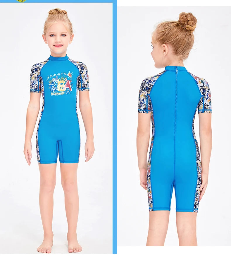 Girls and Boy One Piece Rash Guard Swimsuit Kid Water Sport Short Swimsuit UPF 50+ Sun Protection Bathing Suits