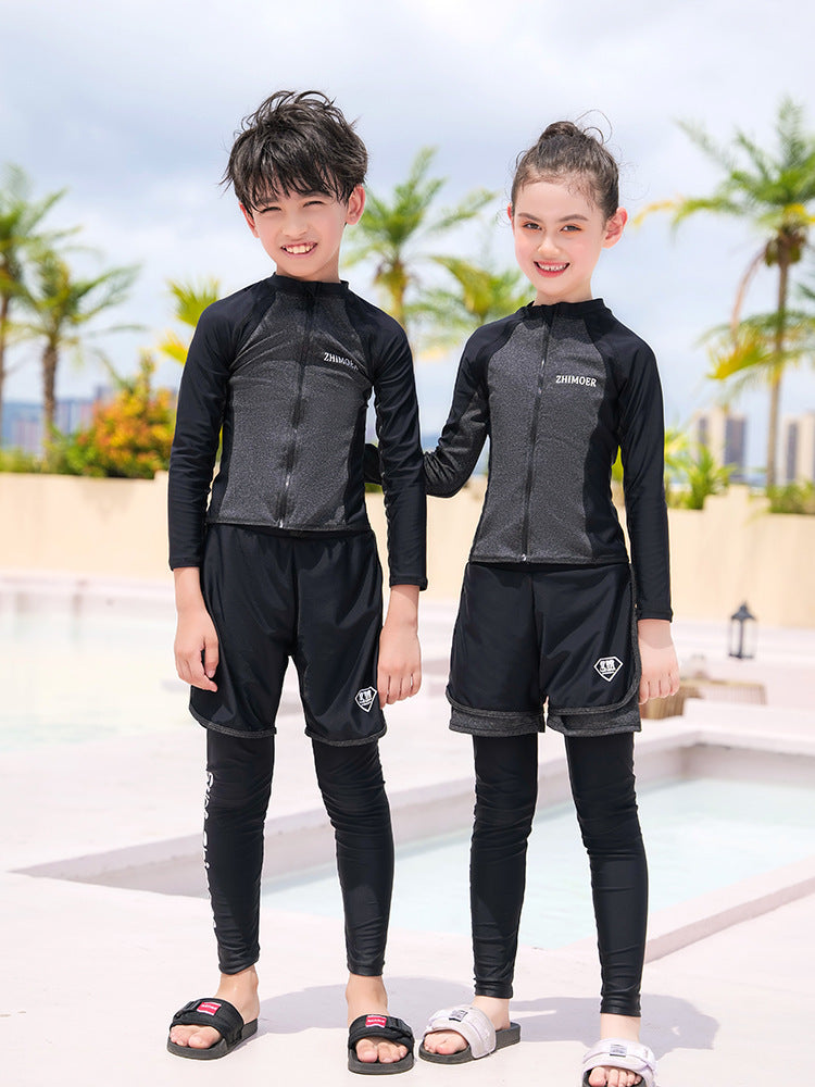 Girls Youth Long Sleeve Swimsuit Four Piece Rash Guard Bathing Suit Zip Tops Long Pants Swimwear Kids Bathing Suit Athletic