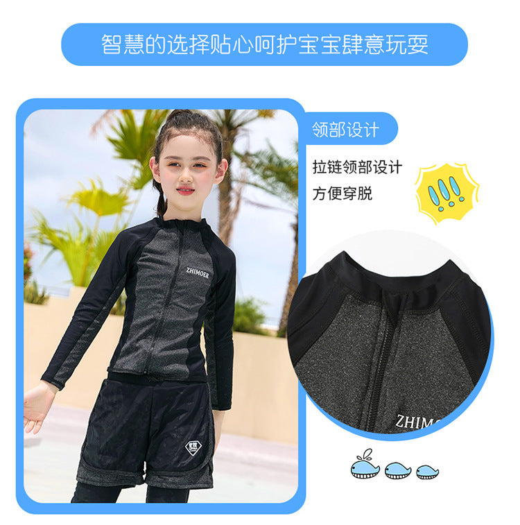 Girls Youth Long Sleeve Swimsuit Four Piece Rash Guard Bathing Suit Zip Tops Long Pants Swimwear Kids Bathing Suit Athletic