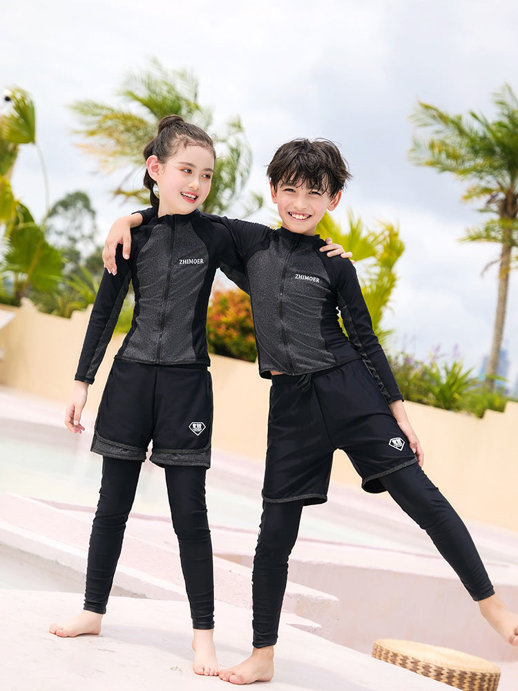 Girls Youth Long Sleeve Swimsuit Four Piece Rash Guard Bathing Suit Zip Tops Long Pants Swimwear Kids Bathing Suit Athletic
