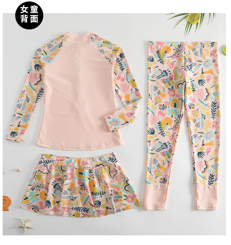 Girls Swimsuit Girls Long Sleeve Rash Guard 3-Pieces Bathing Suit 100cm-160cm Height Athletic Sweatsuit Activewear Tracksuit