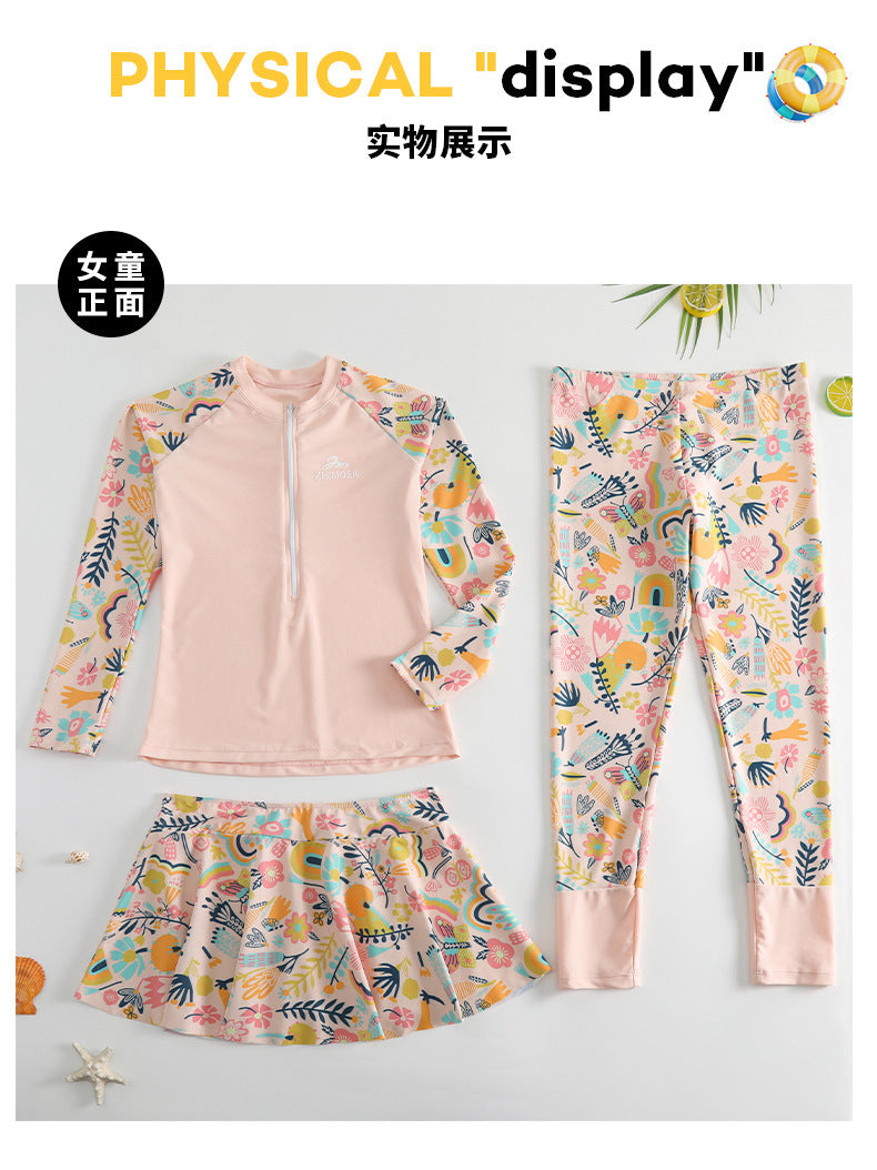 Girls Swimsuit Girls Long Sleeve Rash Guard 3-Pieces Bathing Suit 100cm-160cm Height Athletic Sweatsuit Activewear Tracksuit