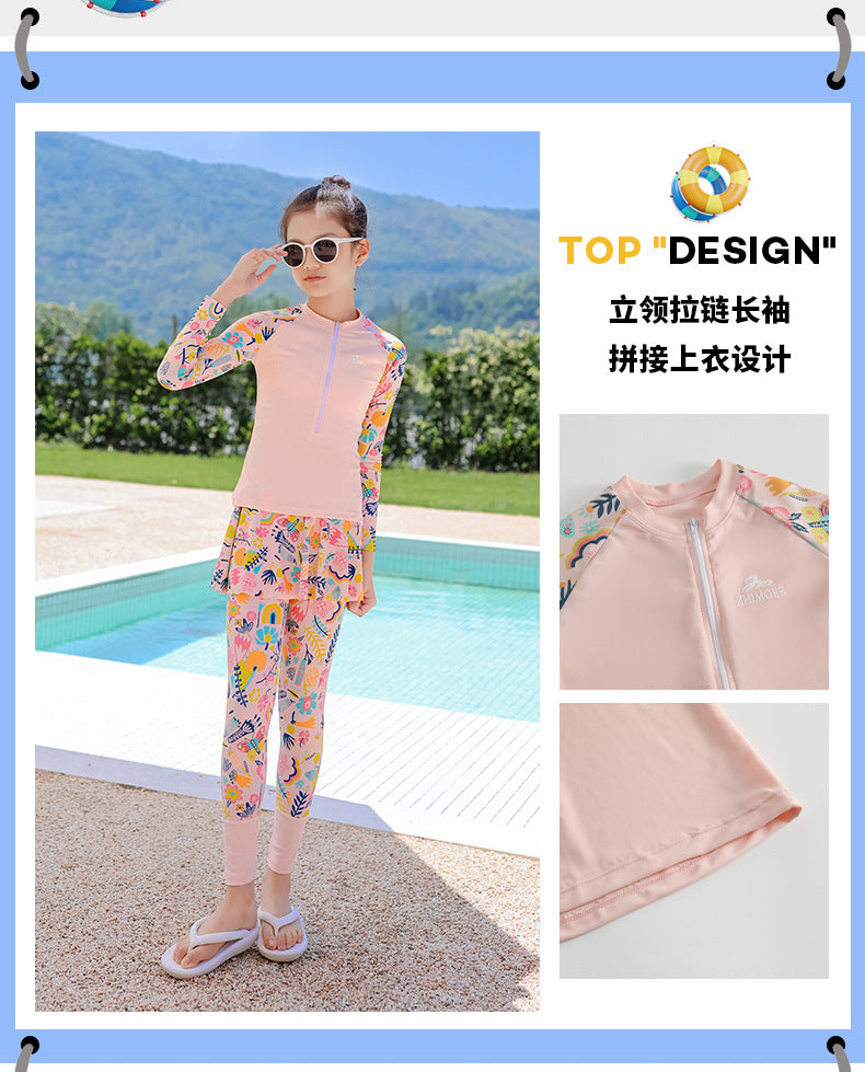 Girls Swimsuit Girls Long Sleeve Rash Guard 3-Pieces Bathing Suit 100cm-160cm Height Athletic Sweatsuit Activewear Tracksuit