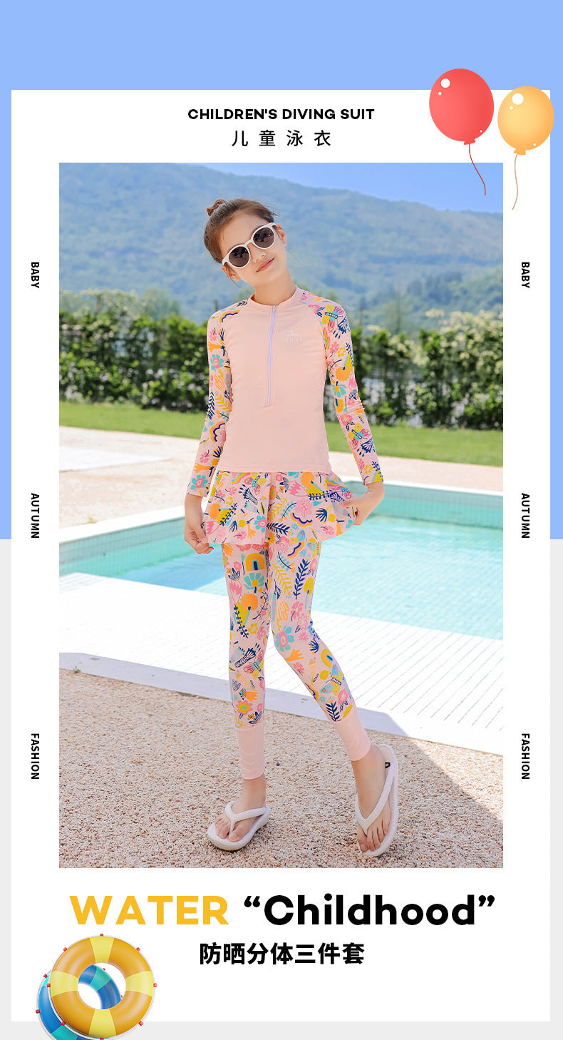 Girls Swimsuit Girls Long Sleeve Rash Guard 3-Pieces Bathing Suit 100cm-160cm Height Athletic Sweatsuit Activewear Tracksuit