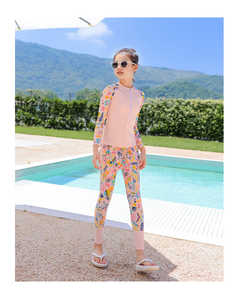 Girls Swimsuit Girls Long Sleeve Rash Guard 3-Pieces Bathing Suit 100cm-160cm Height Athletic Sweatsuit Activewear Tracksuit