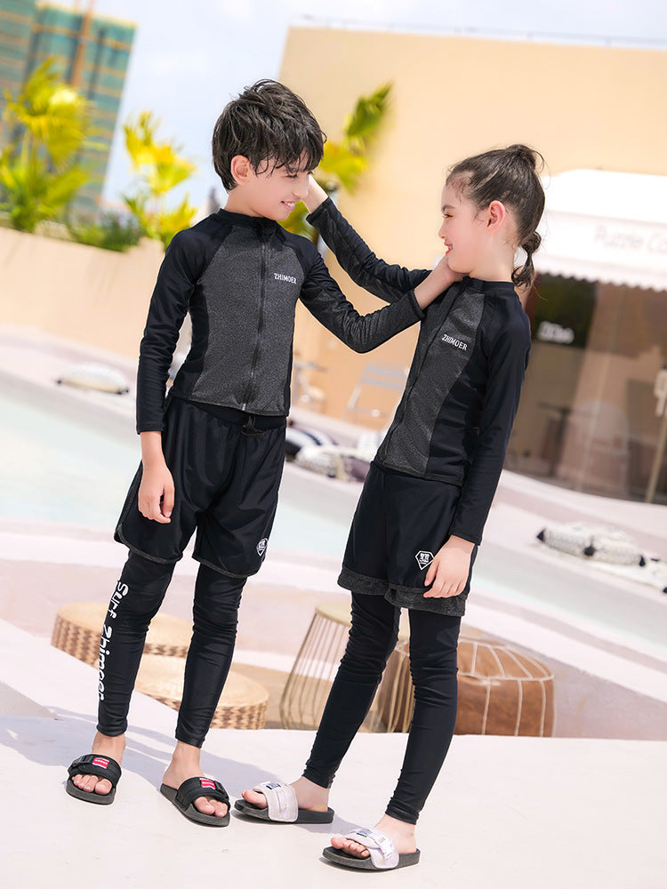 Girls Youth Long Sleeve Swimsuit Four Piece Rash Guard Bathing Suit Zip Tops Long Pants Swimwear Kids Bathing Suit Athletic