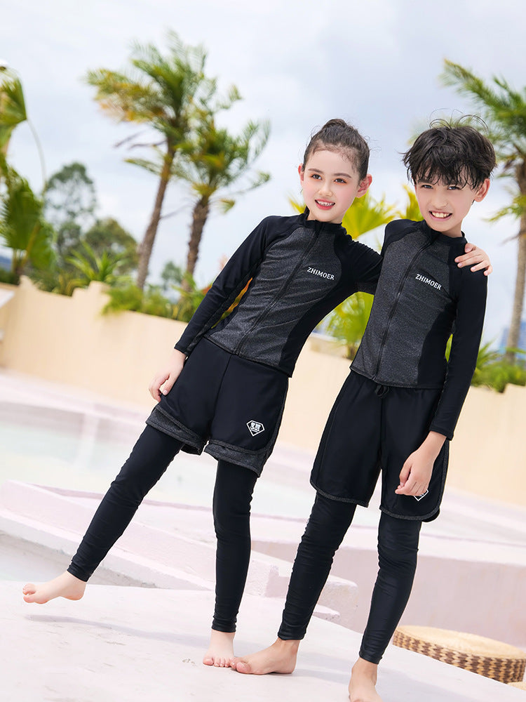 Girls Youth Long Sleeve Swimsuit Four Piece Rash Guard Bathing Suit Zip Tops Long Pants Swimwear Kids Bathing Suit Athletic