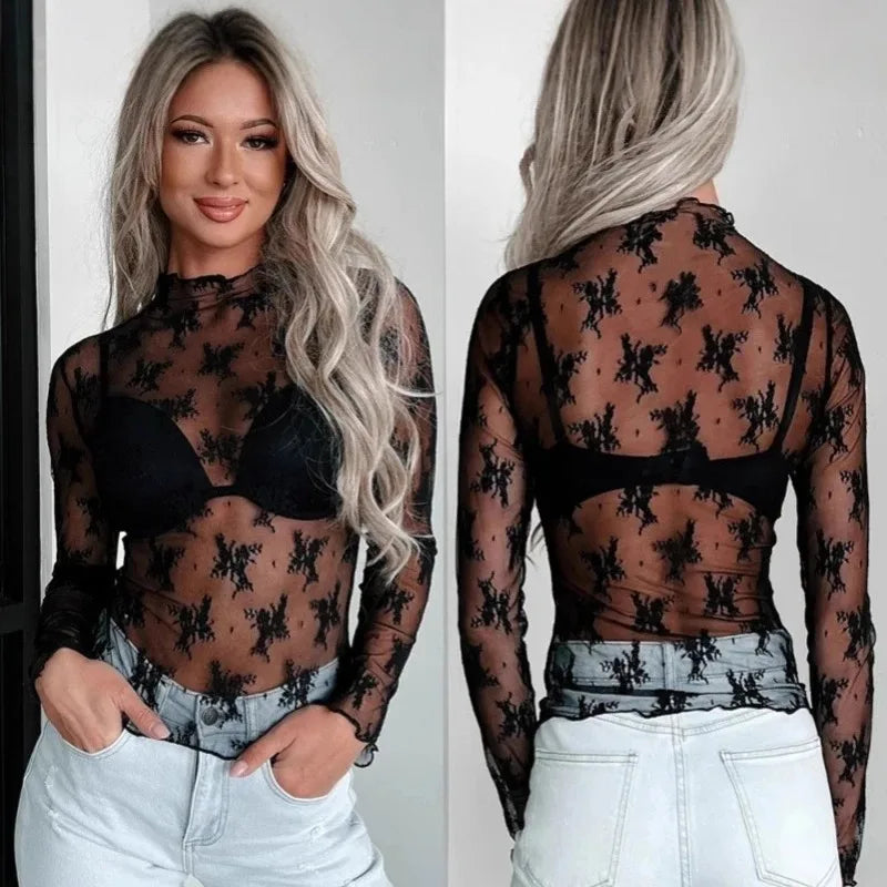 New Women Floral Lace Shirt Spring Autumn Long Sleeve Sexy Mesh Bottoming Shirts Mock Neck Blouse T-Shirt Pullover Top