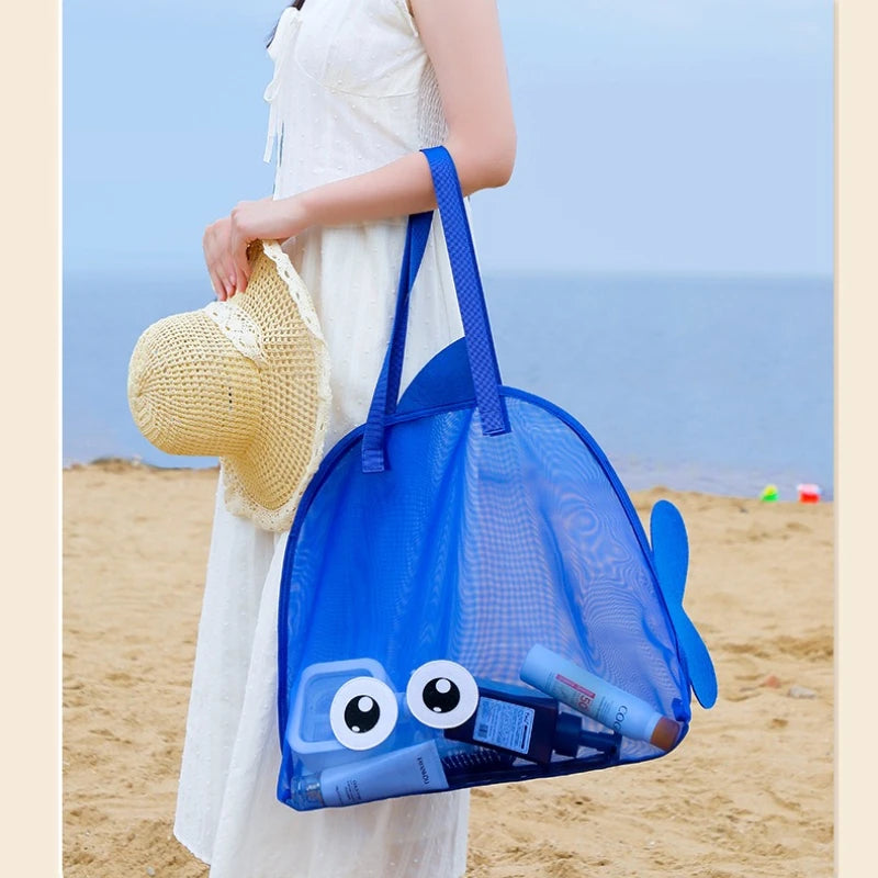 Cartoon Kids Mesh Beach Bag Large Capacity Foldable Sand Toy Storage Tote Lightweight Swim Pool Bag for Gym Travel Camping