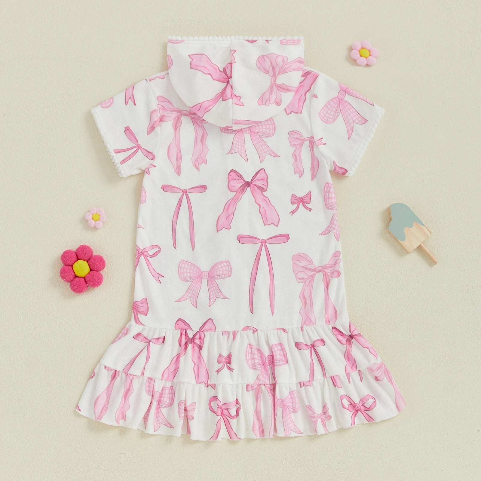 Children Baby Girls Swim Coverups Summer Beachwear Bow Print Short Sleeve  Hooded Bathrobe Absorbent Dress Zip-Up Robe Towel