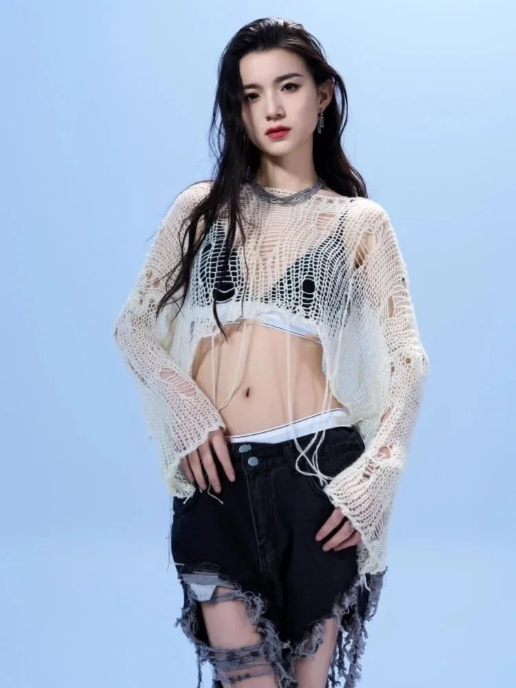 Y2k Cropped Hole Sweater Sexy Gyaru Hollow Out Knit Pullovers Goth Korean Long Sleeve Jumper Summer Fashion Sheer Knitwears Tops