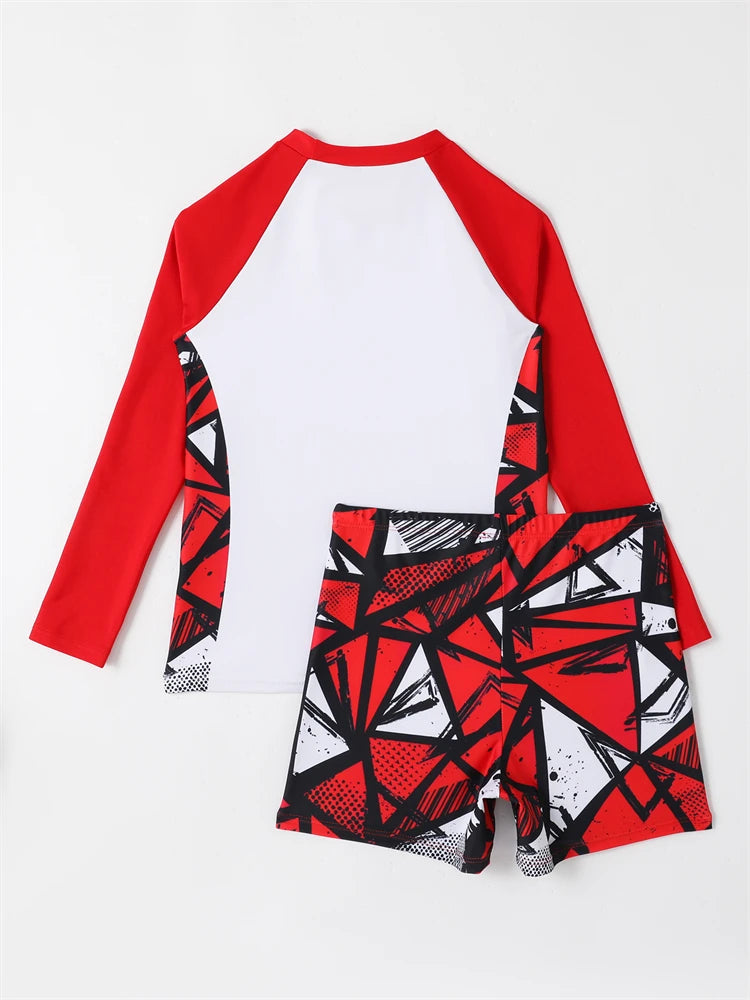 Boy Swimsuit 2026 New Geometry Print Long Sleeve Children Swimwear Summer Two Piece Kids Beach Wear Swimming Bathing Suit Men's