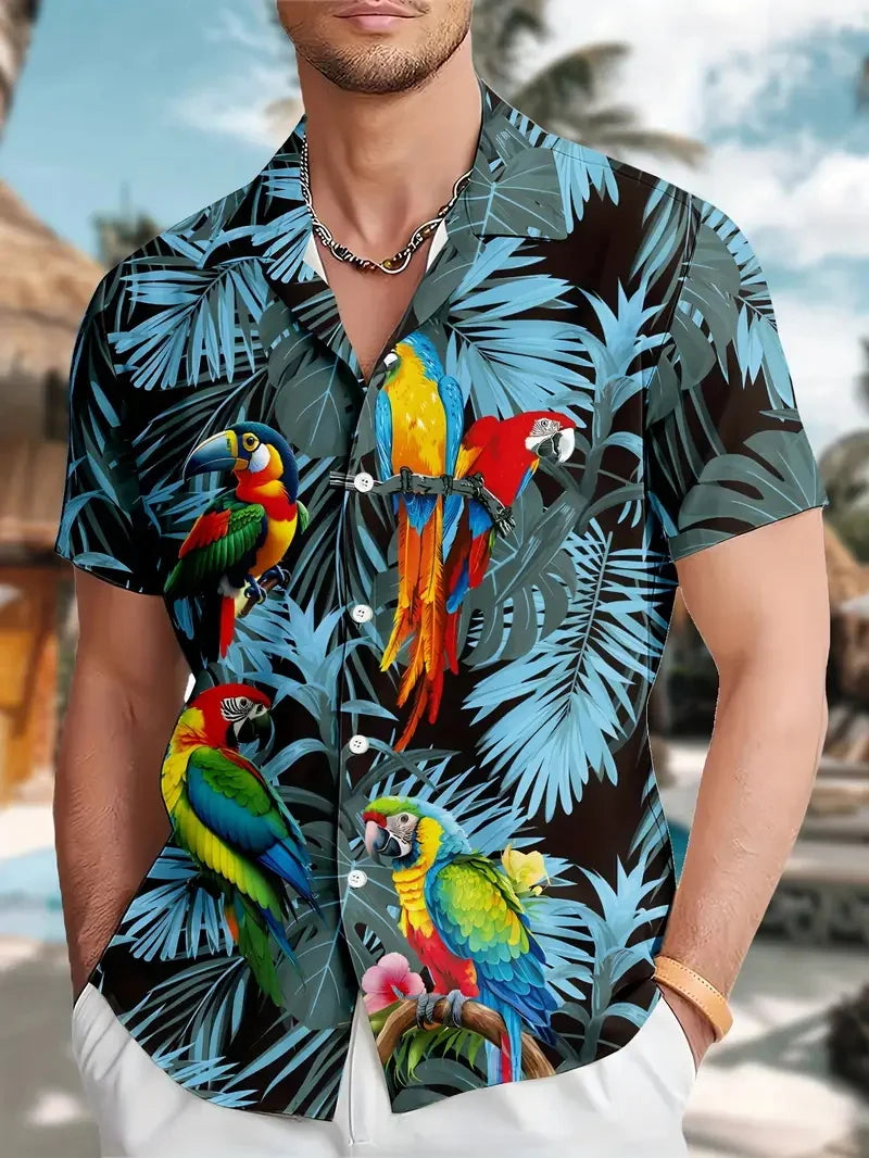 Men's Vibrant Parrot Tropical Floral Print Hawaii Shirts Casual Short Sleeve Button Up Beach Shirt for Men Summer Vacations