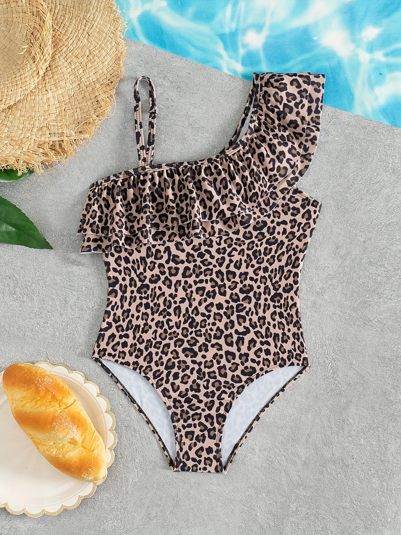 Girls' Off-Shoulder Ruffled One-Piece Swimsuit Children's Leopard Print Pool Beachwear