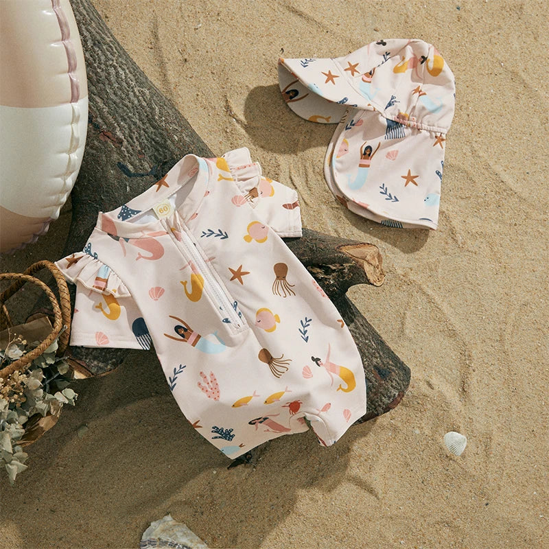 MISOWMNJOY Infant Baby Girl Summer Swimsuit Rash Guard Kids Beachwerar Short Sleeve Mermaid Kids Bathing Suit with Swim Cap