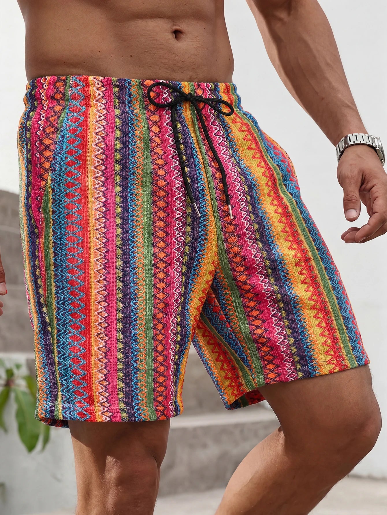 Summer New Bohemian Style Men's Beach Pants, Summer Breathable Ethnic Pattern Casual Shorts