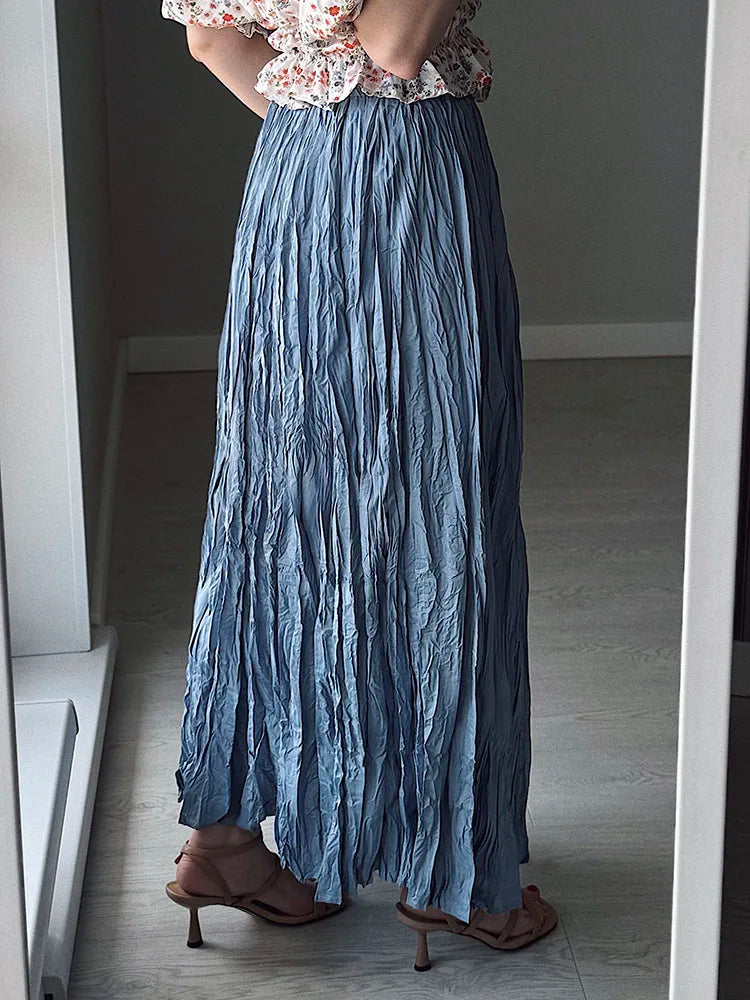 Streamgirl Women Summer Skirts Long Pleated A Line Elegant Solid Big Swing Maxi Skirt Ladies Blue White Beach Skirt Women Luxury
