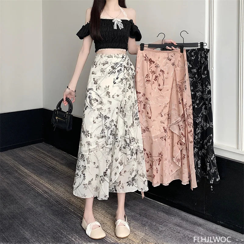 Wrap Up Chic Korea Clothes Women Cute Girls Floral Robe Holiday Beach Date High Waist Retro Vintage One-Piece Lace-Up Skirts