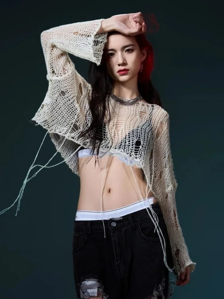 Y2k Cropped Hole Sweater Sexy Gyaru Hollow Out Knit Pullovers Goth Korean Long Sleeve Jumper Summer Fashion Sheer Knitwears Tops